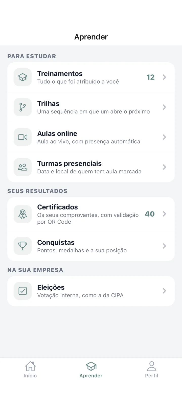 Aba Aprender: treinamentos, trilhas, aulas online, turmas presenciais, certificados, conquistas e eleições