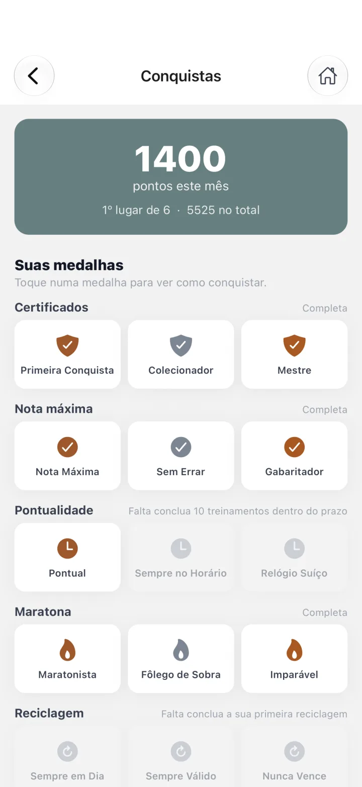 Conquistas: pontos do mês e medalhas por família