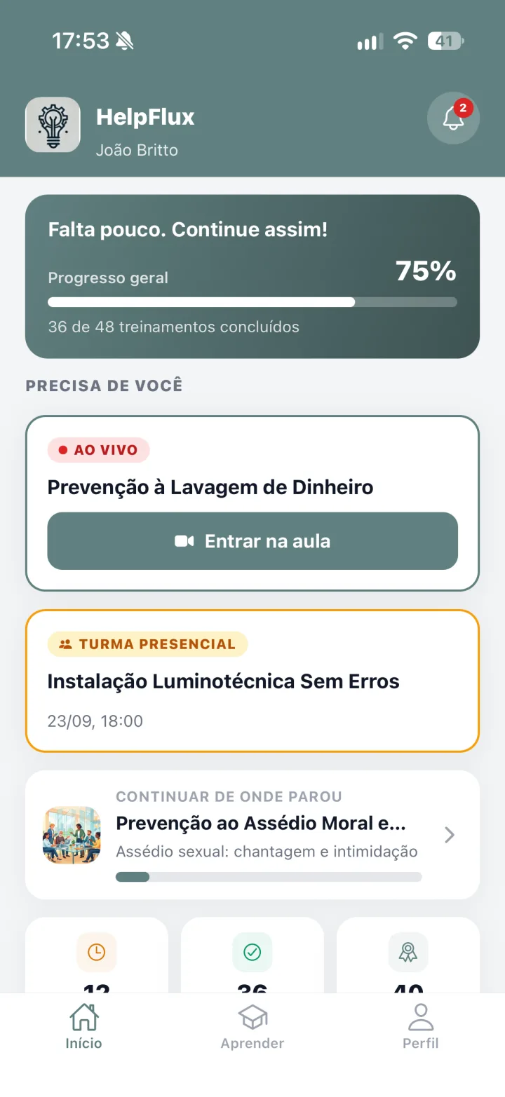 Home com a seção Precisa de você: aula ao vivo e turma presencial do dia