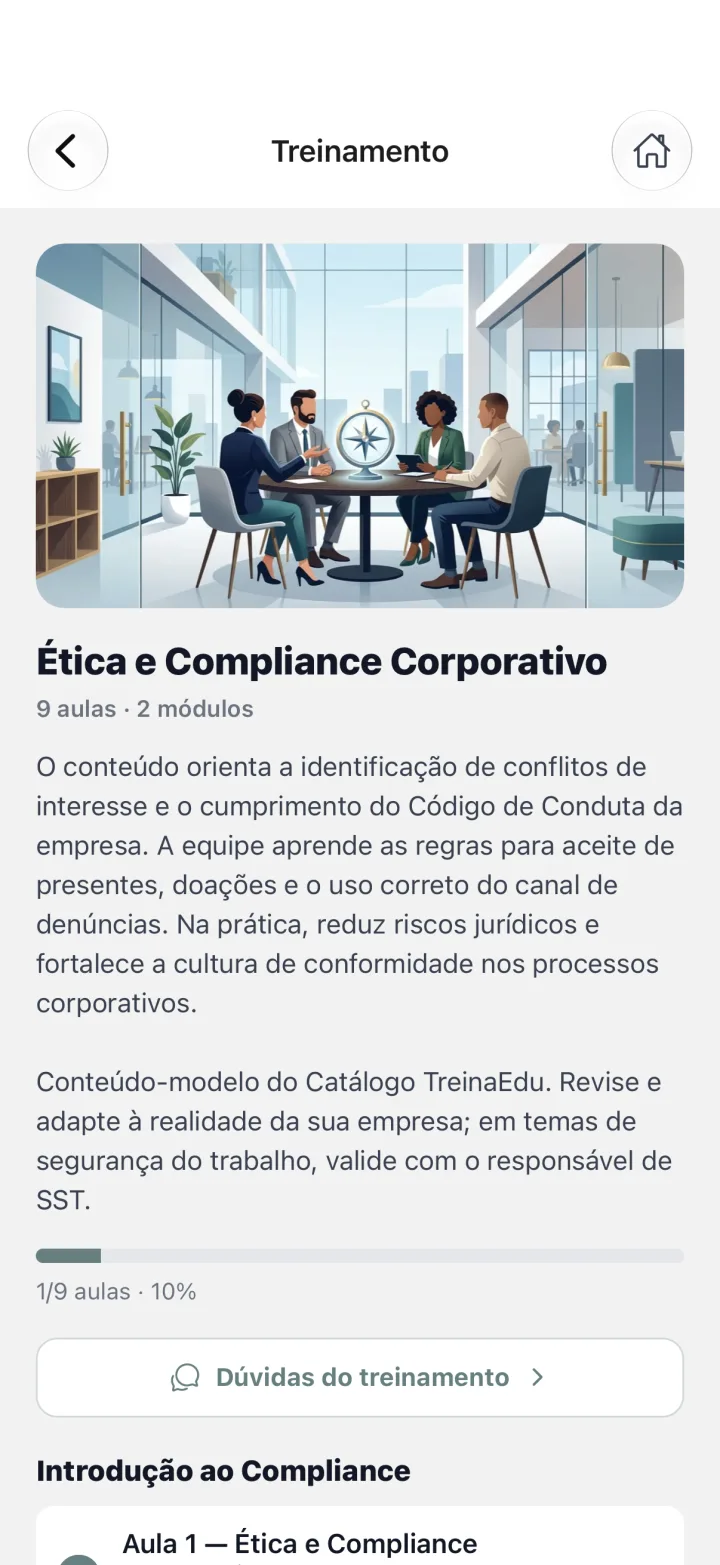 Detalhe do treinamento com módulos, aulas e dúvidas