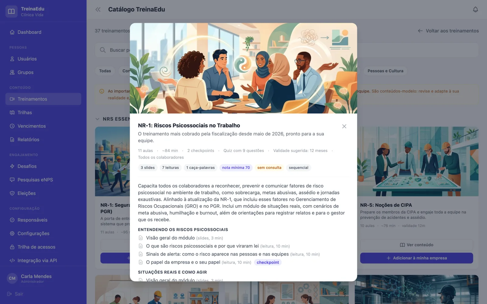Catálogo TreinaEdu com treinamentos prontos das NRs, LGPD e prevenção ao assédio para importar com um clique