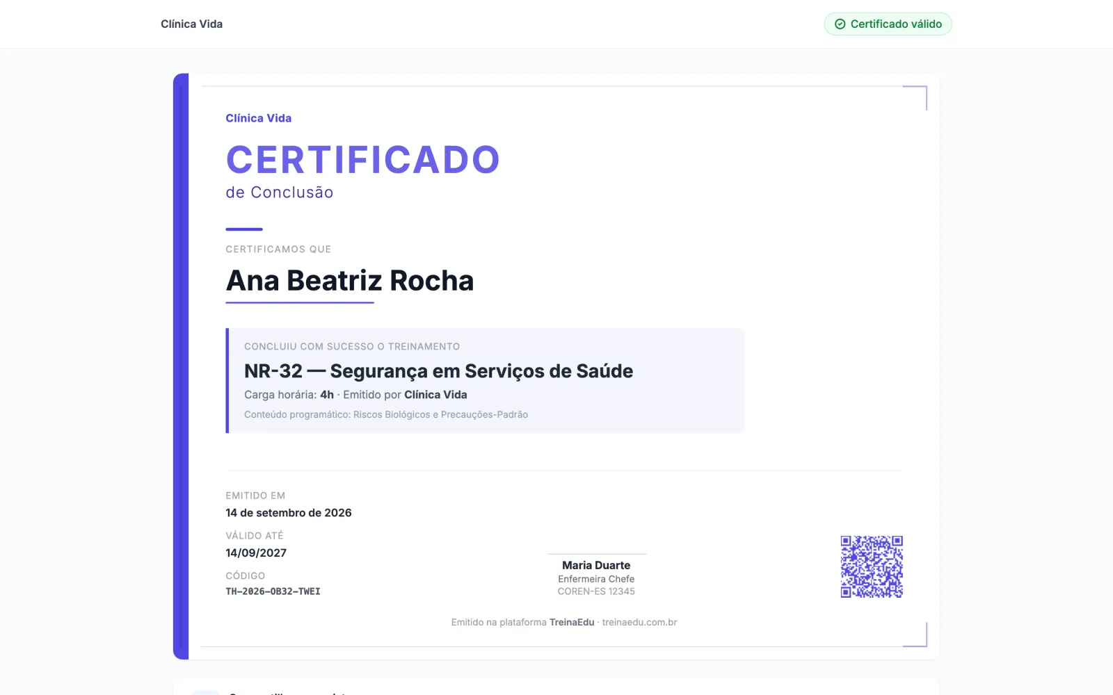 Página pública de verificação de certificado do TreinaEdu com QR Code e dados do treinamento