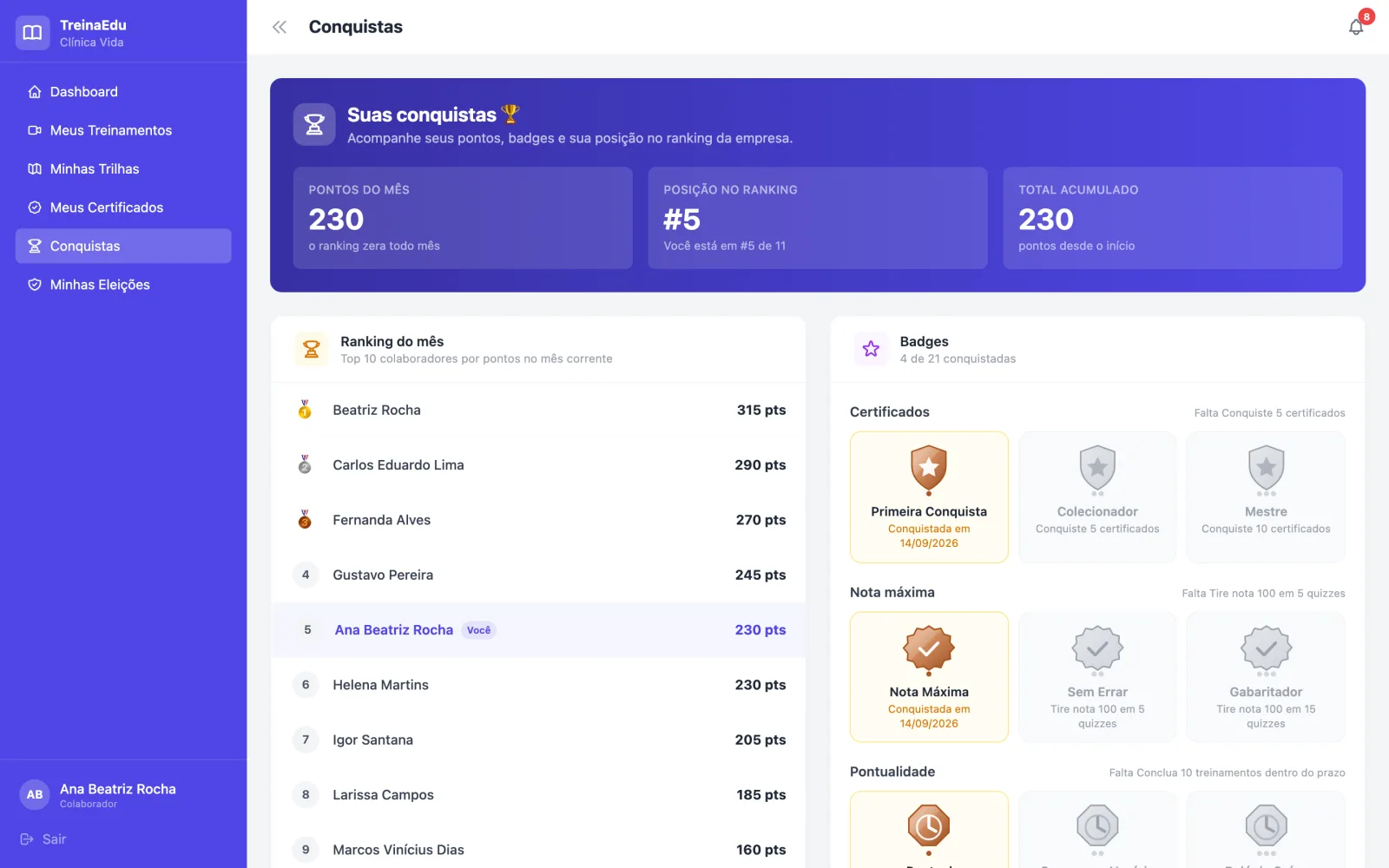 Tela de conquistas do colaborador no TreinaEdu com pontos, medalhas e ranking