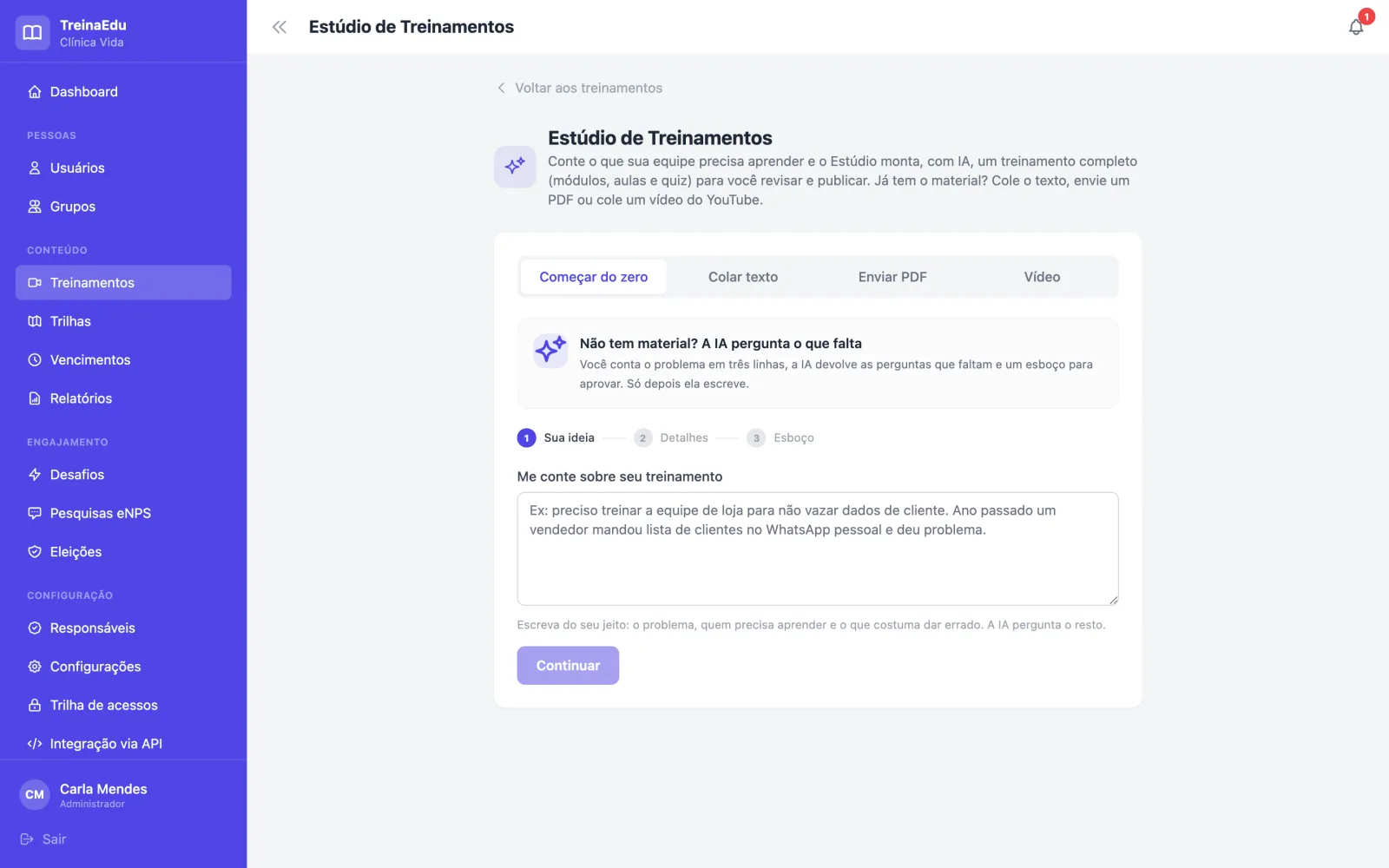 Estúdio de Treinamentos do TreinaEdu montando um treinamento a partir de um PDF, com instruções personalizadas