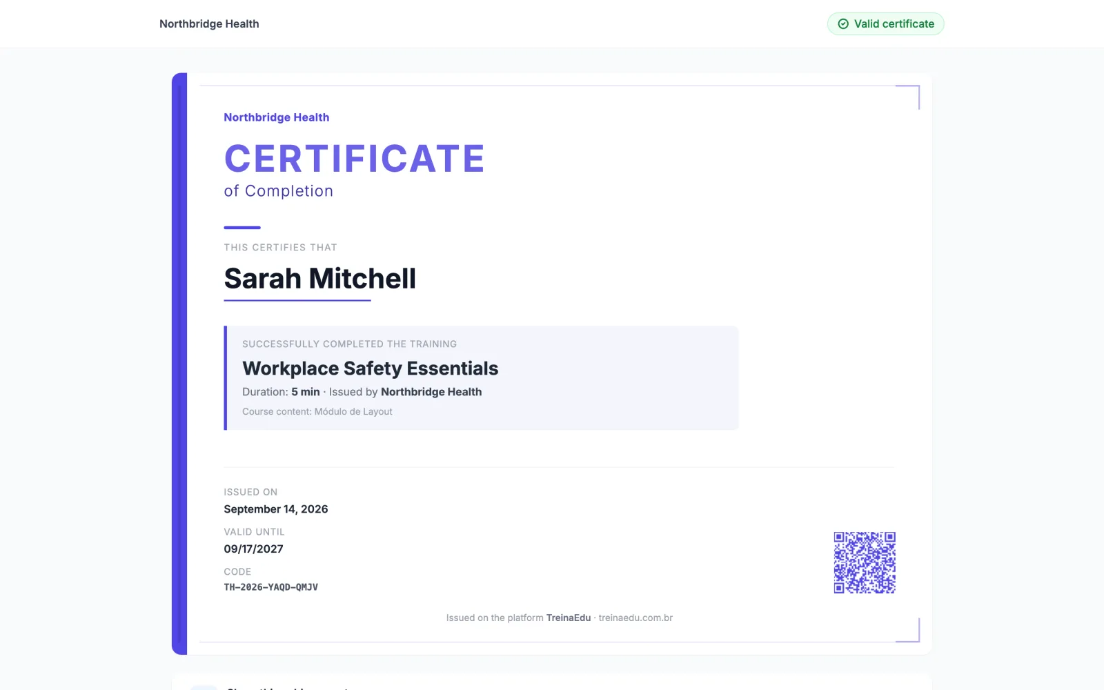 Public certificate verification page with QR code
