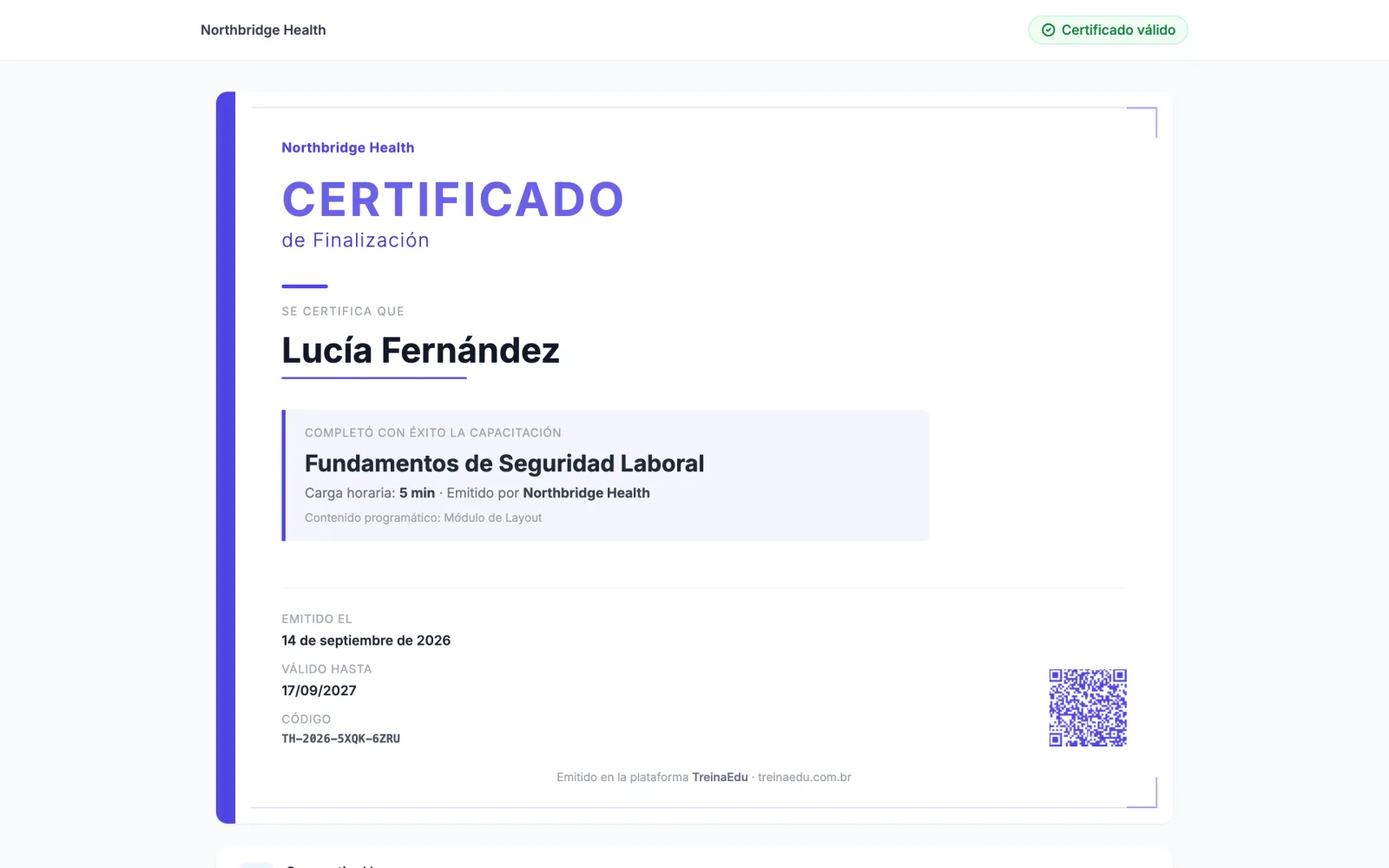 Página pública de verificación del certificado con código QR