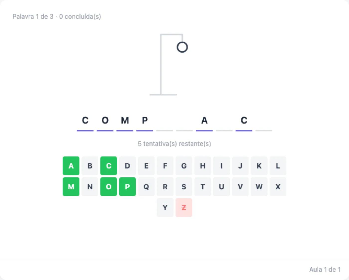 Jogo da forca no TreinaEdu com a palavra COMPLIANCE e o teclado de letras