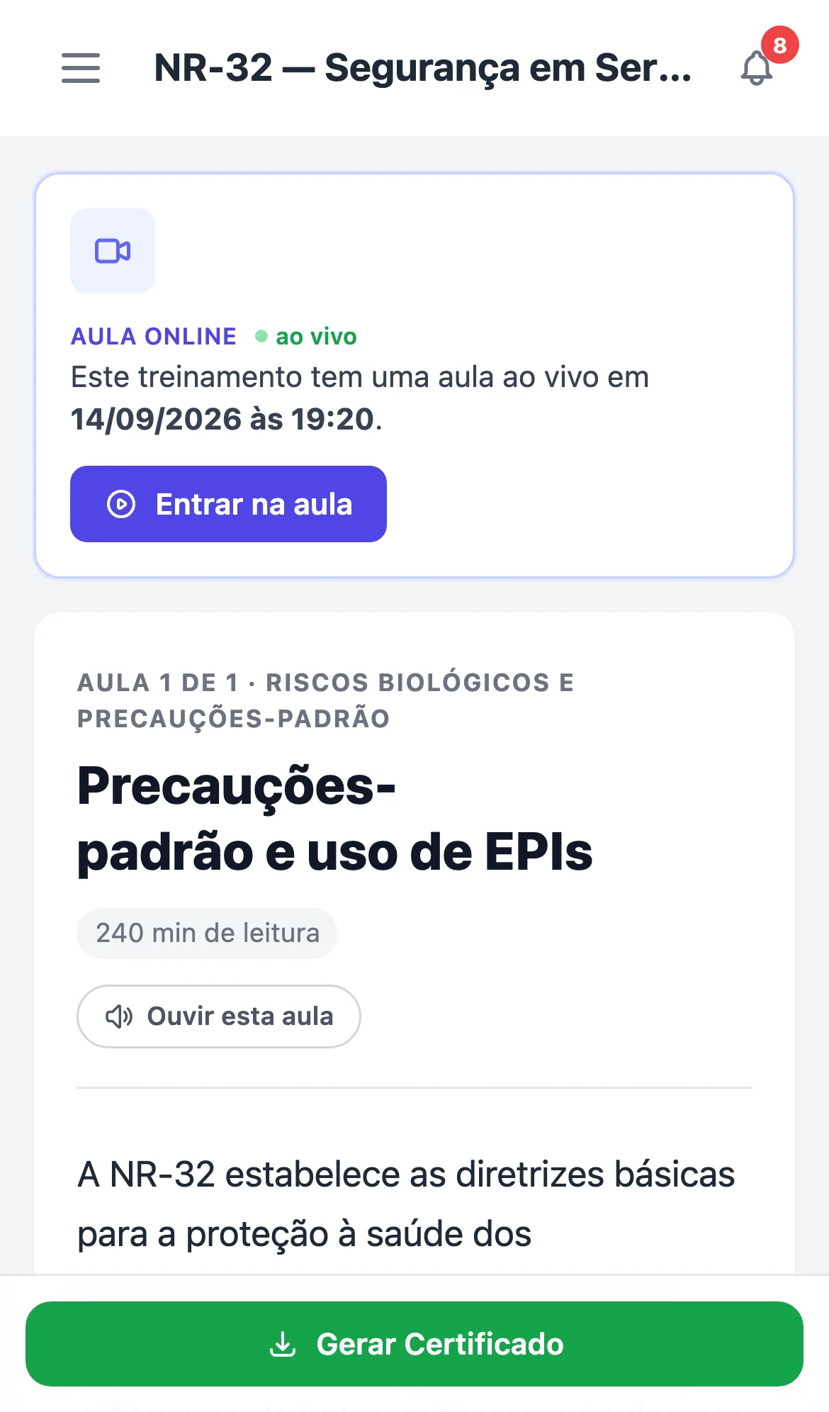 Aula do TreinaEdu aberta no navegador do celular