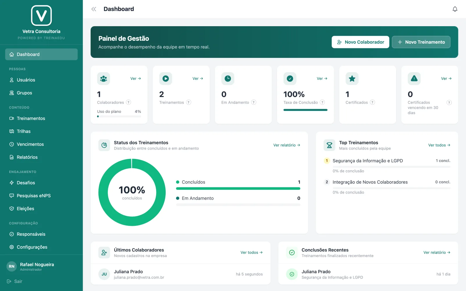 Painel do TreinaEdu com a marca de uma empresa cliente